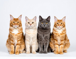 Four cute cats sitting side by side on white background