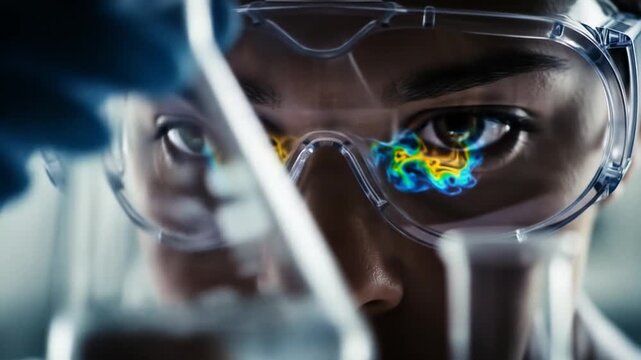 Scientist intently studying colorful liquid reaction, wearing protective eyewear in advanced laboratory, driving innovation and discovery in science