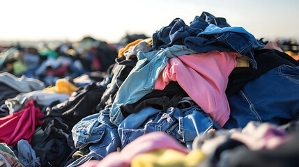 Vibrant textiles cascade in a colorful heap, creating a textured landscape of fashion remnants. Pinks, blues, and yellows intermingle, symbolizing textile overproduction.