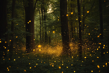 A dense forest illuminated by the golden glow of countless fireflies  