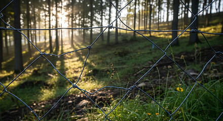 Sunlight shines through the trees in a forest behind a wire fence