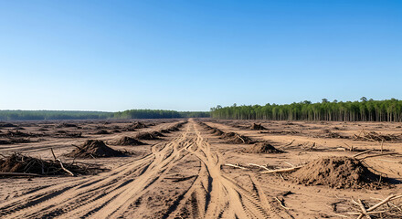 Deforestation area with tree stumps and tire tracks in the ground