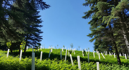 Young trees in protective tubes growing on a hillside under a blue sky