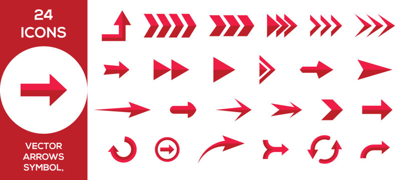 A bold and modern collection of 24 red vector arrow icons for web, UI/UX, and graphic design. Includes diverse directional signs, pointers, chevrons, and curved symbols for navigation, next, back, dow