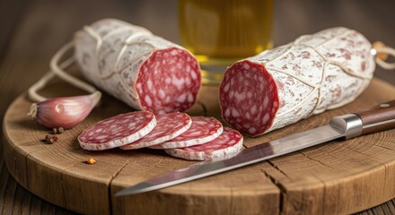 Tasty sliced salami presented on a rustic wooden board with herbs and a knife.