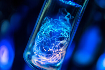 A close-up of glowing plankton swirling in a glass vial  