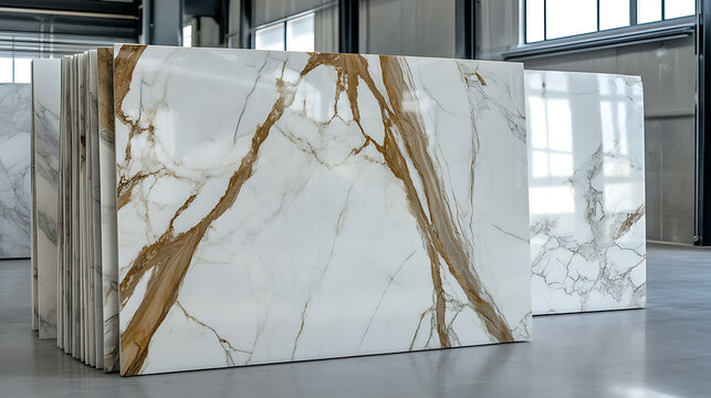 An array of large format porcelain tiles with marble effect are leaned against each other on a polished concrete floor, inside a large warehouse. The tiles create a striking visual display.