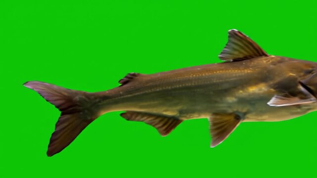Aquatic catfish swimming gracefully in clear water, showcasing streamlined body and fins, while vibrant green background enhances natural beauty and wildlife details in underwater nature