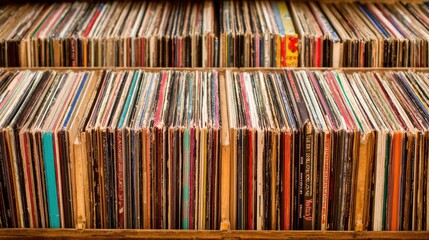 A vibrant collection of vinyl records neatly arranged on wooden shelves showcases musical diversity.