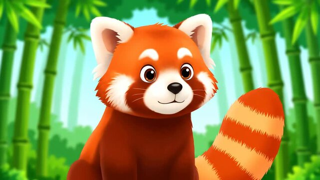 Cartoon red panda with orange and white fur and striped tail in bamboo forest