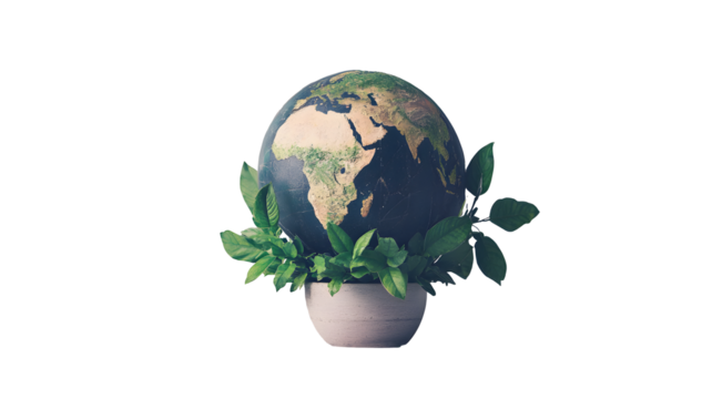 Earth planet in pot with green leaves isolated on transparent background , ai generated image