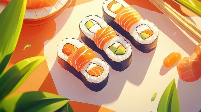 Close up of fresh sushi with salmon and avocado