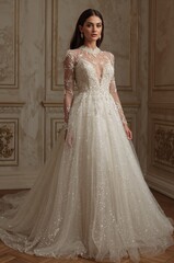 Obraz premium Elegant bride in shimmering beaded wedding gown illuminated by soft romantic lighting