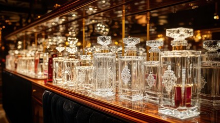 Elegant Glass Perfume Bottles Displayed on Dark Walnut Shelf