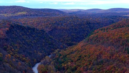 Naklejka premium Pennsylvania Grand Canyon Mountains in Autumn Fall Colors, orange and reds with gentle flowing Pine creek in valley below with hiking, biking trail for exercise and relaxing in the nature outdoors