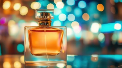Elegant perfume bottle with amber liquid and gold accents