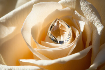A dewdrop on a rose petal, refracting sunlight like a tiny crystal