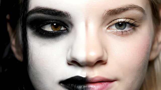 Womans face split in half with contrasting makeup black and white vs gold