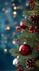 Fototapeta premium Close up of a beautifully decorated Christmas tree with shiny red ornaments and festive ambiance