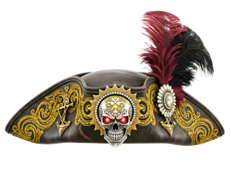 Ornate pirate hat with skull decoration isolated on transparent background