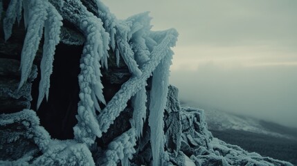 Frozen ice formations clinging to jagged mountain rock
