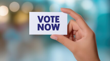 Hand Holding Vote Now Card Closeup