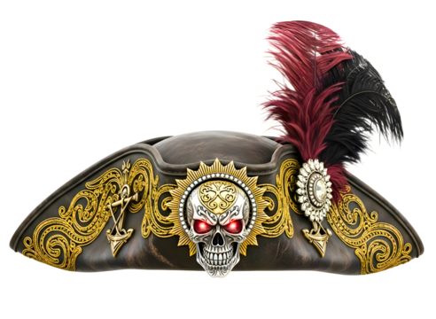 Ornate pirate hat with skull decoration isolated on transparent background