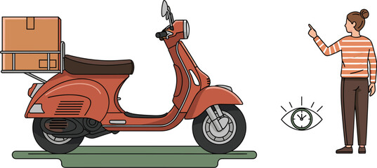 Retro Scooter Delivery with Package and Timely Arrival to Customer, Conceptual Illustration for Fast Shipping Service in Modern Urban Environment, Presentation Graphic for E-commerce Marketing & Adver