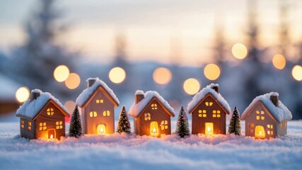 Miniature snow-covered houses with glowing candles, cozy winter holiday decorations, festive Christmas village scene, warm light in snowy landscape, peaceful winter night, bokeh lights background - Powered by Adobe