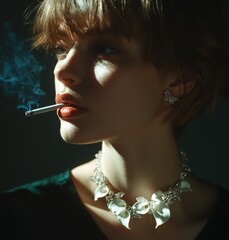 Dramatic portrait of a stylish woman smoking, bathed in soft moody light. Bold makeup and statement jewelry create a timeless cinematic vibe with vintage glamour and modern artistic edge.
