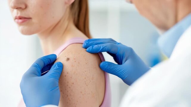 Skin examination by dermatologist, medical check-up for abnormal moles, health awareness in dermatology, early detection of skin conditions, professional healthcare assessment