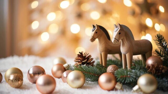 Wooden horses with Christmas ornaments and festive bokeh background in warm holiday decor, celebrating winter season, cozy atmosphere, traditional decoration, pine branches with baubles