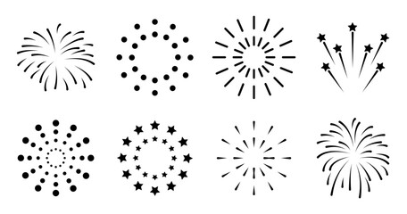Fireworks icon set. New Year's decorations with a transparent background. Vector illustration.