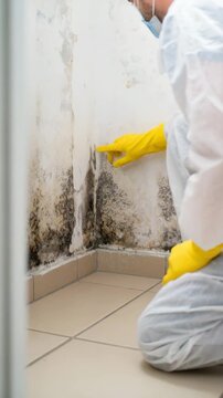 Professional mold inspection and removal in home interior, worker wearing protective suit and gloves examining toxic black mold on damp wall corner