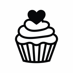 Black and white line art illustration of a cupcake with swirled frosting and a heart on top dessert sweet.