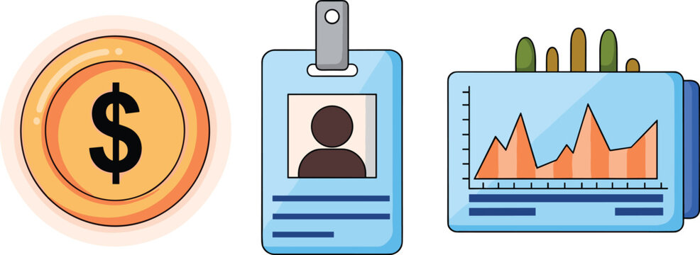 Financial Data Analysis Presentation: Golden Coin, Identity Badge, and Business Chart Displayed for a Corporate Meeting, Financial Planning, or Economic Report, Modern Illustration with Clean Design,