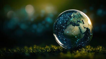 Globe with network lines resting in green grass outdoors