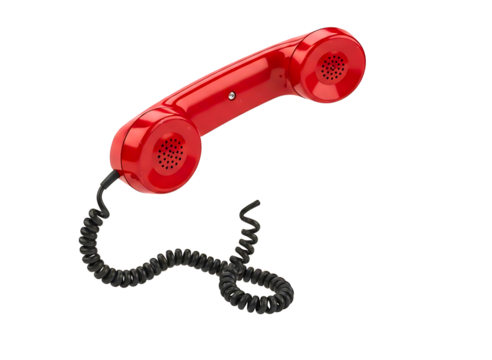 Retro red telephone handset with coiled cord isolated on transparent background