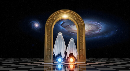 Two ethereal figures stand within a golden archway against a cosmic backdrop