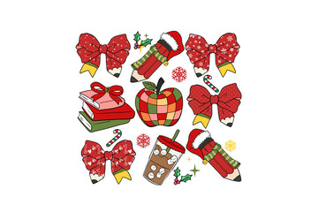 Christmas Themed Teacher and School Supplies with Bows illustration for Christmas sublimation design