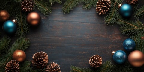 Christmas Holiday Frame with Pine Branches Ornaments and Pinecones on Rustic Wooden Background with Copy Space.