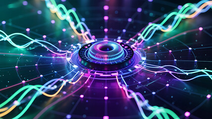Abstract neon ai interface with glowing energy waves and particles in a digital realm