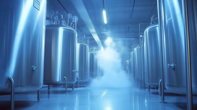 Cryogenic storage dewar tanks filled with liquid nitrogen inside