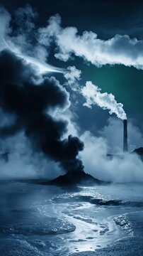 Nighttime Industrial Pollution Loop - A dark, moody shot of a factory smokestack emitting thick white and dark smoke at night, with a misty, geothermal landscape in the foreground.