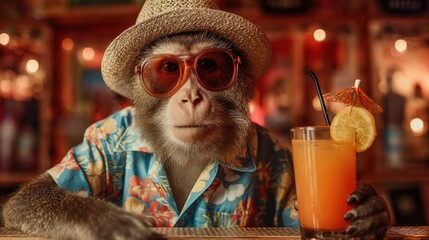 This playful monkey sits at the bar wearing a colorful shirt and enjoying a refreshing drink.