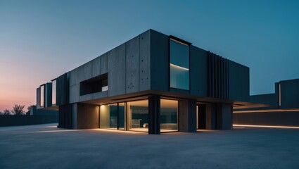 Fototapeta premium Modern Concrete House Exterior at Dusk with Illuminated Windows and Minimalist Design