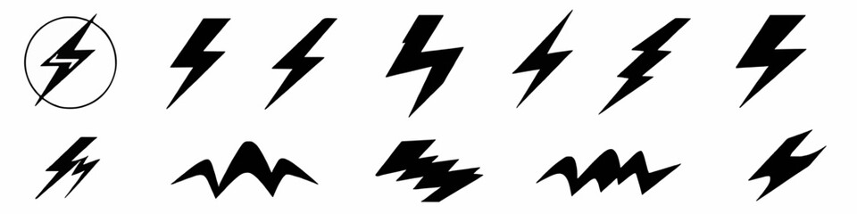 various black vector depictions of lightning bolts and jagged lines, isolated on a white background. Set lightning bolt. Thunderbolt flat style - stock vector.