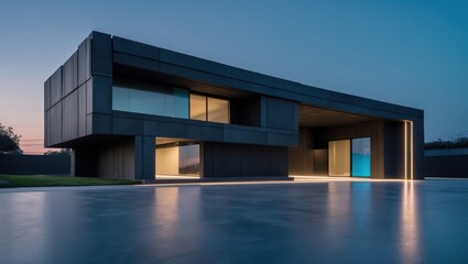 Fototapeta premium Modern Concrete House Exterior at Night with Minimalist Design and Illuminated Details