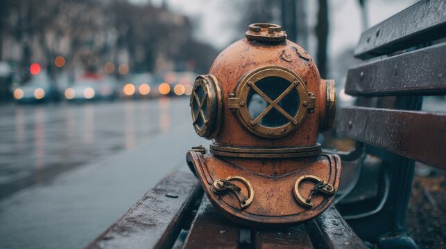 A historic diving helmet sits on a wooden bench surrounded by a wet urban landscape at twilight.