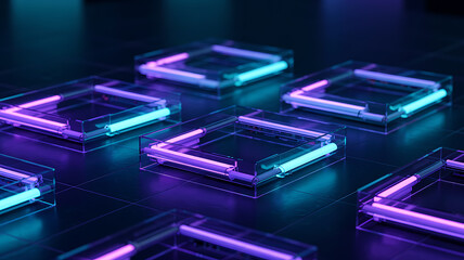 Futuristic neon ai interface with glowing square panels abstract technology background